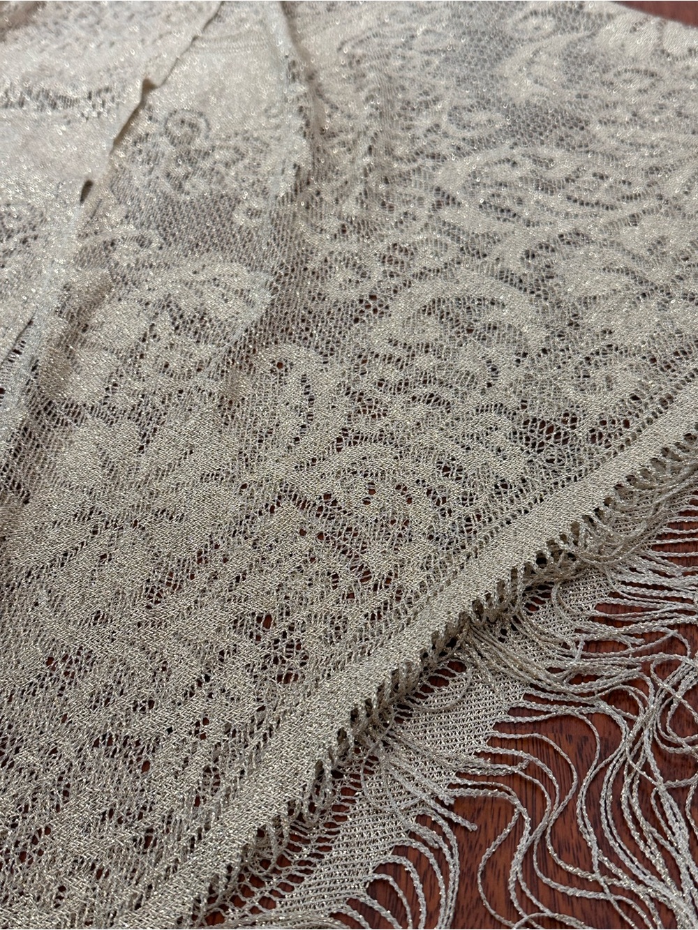 Bohemian Fringe Open-Front Knit Pashmina - Gold/Beige Floral pattern. Festival. - Picture 7 of 11